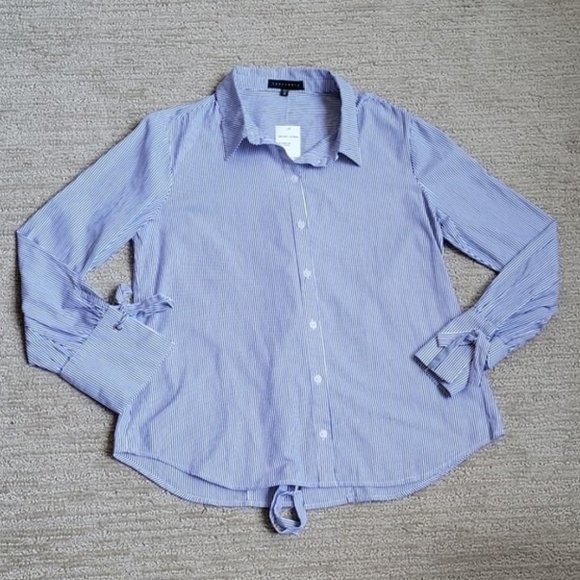 🎈 Sanctuary Lace Up Back Sz S Striped Button Down Shirt Top Blouse White Blue - Picture 3 of 14